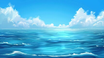 Obraz premium A beautiful scene of the blue ocean against the blue sky background. The ocean stretches out as far as the eye can see, with its surface glistening in the sunlight