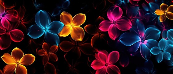 Colorful glowing flowers against a dark background, creating a vibrant and enchanting atmosphere.