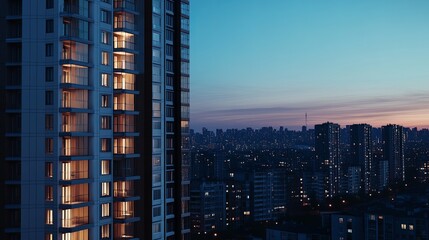 Fototapeta premium A cityscape at dusk, showcasing a tall building with illuminated windows against a backdrop of a sprawling urban skyline.
