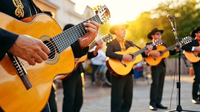 A group of musicians performing a traditional mariachi band in the middle of a bustling town square. The musicians are wearing their iconic charro outfits and playing instruments