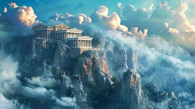 Mount Olympus, the magnificent house of the Greek gods, surrounded by clouds