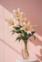 Obraz premium beautiful bouquet of white lilies in clear vase, set against soft pink background. delicate petals and vibrant green leaves create serene and elegant atmosphere