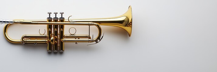 Obraz premium A close-up image of a golden trumpet, showcasing its elegant design and craftsmanship on a clean, white background, background with copy space