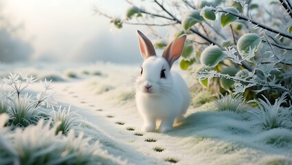 Obraz premium This captivating image captures a curious rabbit exploring a frost-covered garden, showcasing the delicate beauty of a wintry morning.
