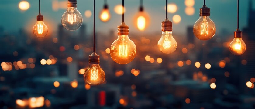 Elegant hanging light bulbs with a warm glow, creating a cozy ambiance in a city setting at dusk.