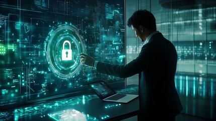 A businessman in a modern office interacts with a VR screen showing a padlock icon and cybersecurity data.