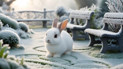 This captivating image captures a curious rabbit exploring a frost-covered garden, showcasing the delicate beauty of a wintry morning.