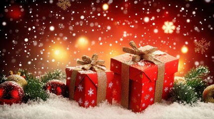 Festive Christmas presents surrounded by snow and holiday decorations, creating a joyful winter atmosphere.