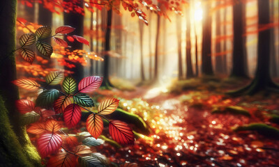 Buntes Herbstlaub an einem Weg im herbstlichen Wald, copy space