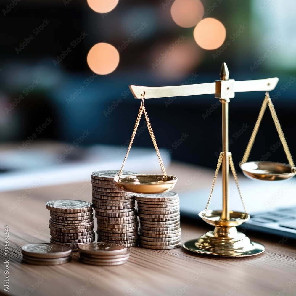 Wall mural a golden scale balances coins on a wooden table, symbolizing justice and finance, with blurred light