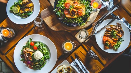 Overhead view of a table setting with four plates of delicious meals.
