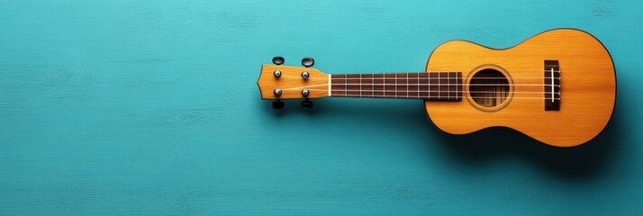 Obraz premium A vibrant ukulele resting on a turquoise surface, showcasing its charming design and inviting presence, perfect for music lovers, background with copy space