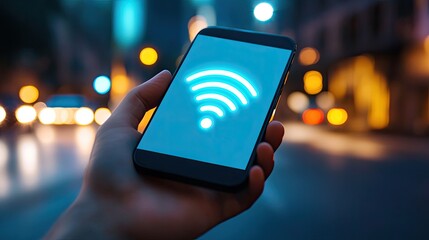 A hand holds a smartphone displaying a blue Wi-Fi signal icon in a city environment at night.