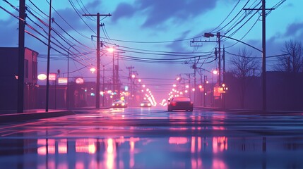 A serene urban street scene at dusk, illuminated by colorful lights and reflections on wet pavement.