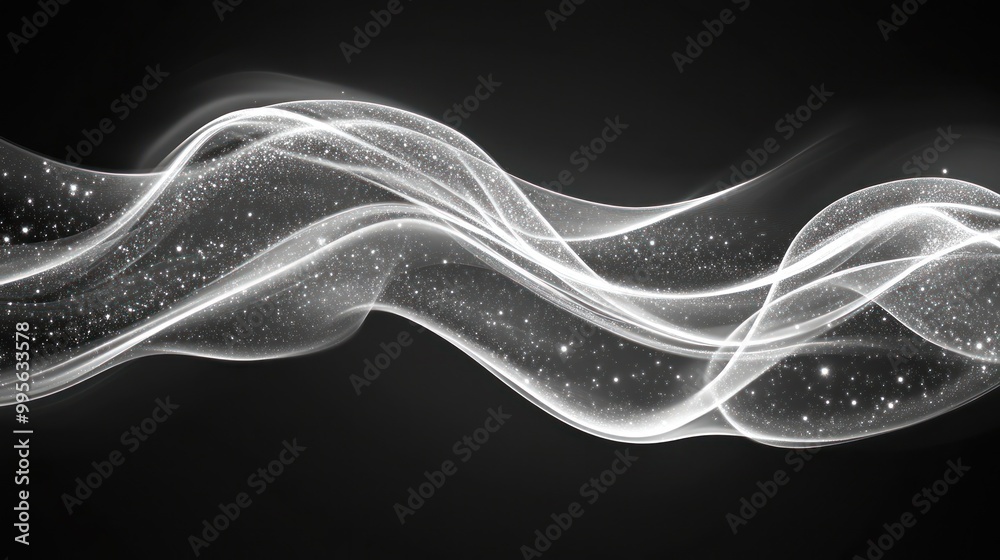 Poster soft waves of light and sparkling particles elegantly flow across a dark backdrop, creating a tranqu
