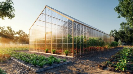 Obraz premium A modern greenhouse bathed in sunlight, surrounded by healthy plants, showcasing sustainable gardening practices.