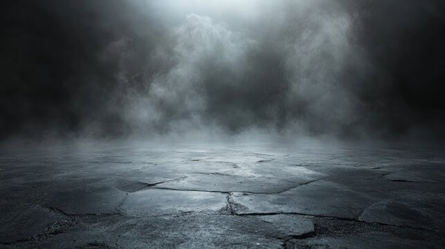 Thick fog shrouds rocky ground at twilight, creating an otherworldly, mysterious atmosphere