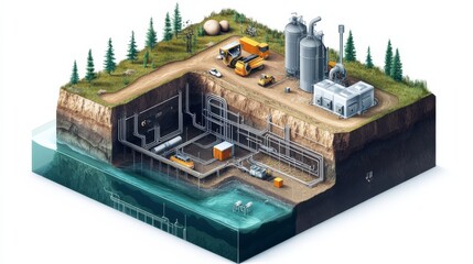 Obraz premium A detailed depiction of an underground industrial facility with equipment, structures, and natural surroundings, highlighting resource extraction and infrastructure.