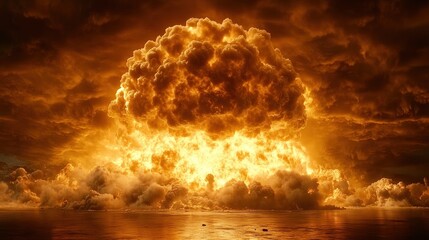 Obraz premium A massive explosion lights up the water and dark clouds, creating a dramatic scene