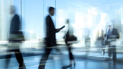 Blurry silhouettes of people walking in an office building.