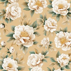A floral pattern featuring large cream peonies against a warm beige background with lush green leaves.