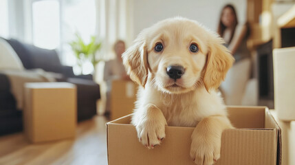 Adorable labrador puppy sitting in a cardboard box in new home, happy family on the background. moving into new apartment, real estate, transportation service, renting, gift, animal shelter poster