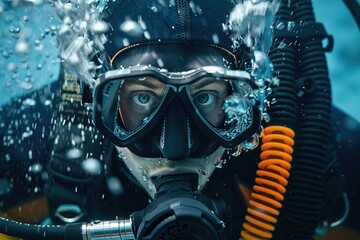 A scuba instructor in a diving suit and mask, their body language showing confidence and readiness as they prepare to guide a group underwater.