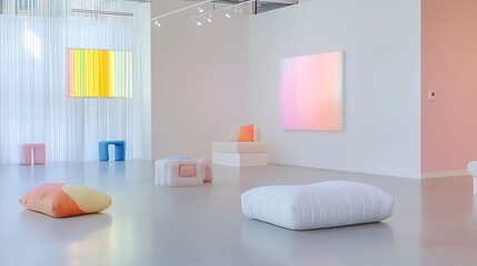 A sleek photography studio with interactive digital cameras and neon-lit backdrops, capturing stunning photos