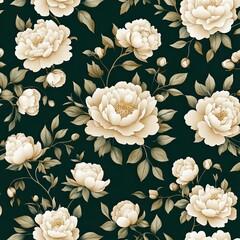 A vibrant floral pattern featuring creamy white peonies on a dark background, ideal for elegant design applications.