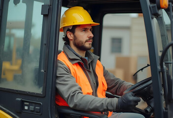 man in yellow helmet and orange vest is focused while driving construction vehicle. His serious expression reflects importance of safety and responsibility on job site