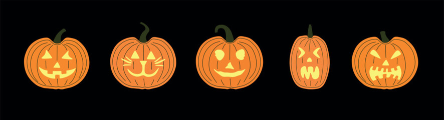 Flat vector illustration of different five unique jack-o'-lanterns with various carved expressions, set against a solid black background. Ideal for Halloween designs and decorations. Isolated.