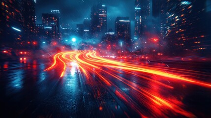 Obraz premium Bright car lights create luminous trails on a rainy urban street, capturing the energy of nighttime city life