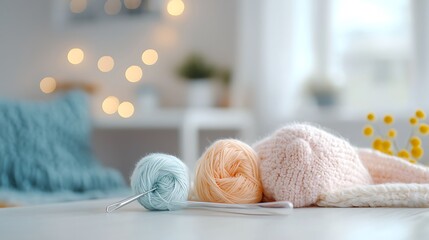 A modern knitting corner with transparent knitting tools and glowing yarn, crafting warm knitwear