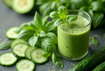 Refreshing green smoothie with cucumber and basil, showcasing vibrant blend of healthy ingredients. drink is garnished with fresh basil leaves, surrounded by sliced cucumbers and lush greenery,