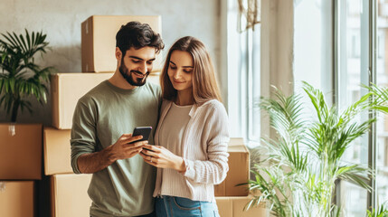 happy mixed race couple standing in new apartment against moving boxes, using smart phone. moving, real estate, new, home, relocation, transportation service, movers, delivery, rental