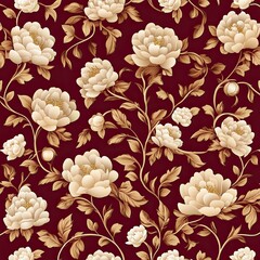 A floral pattern featuring cream-colored peonies against a rich burgundy background, showcasing elegant vines and leaves.