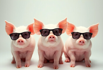 Obraz premium Three adorable piglets wearing stylish sunglasses sit together, exuding playful and trendy vibe. Their cute expressions and fashionable accessories create delightful scene