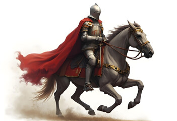 vintage knight in shining armor rides majestic horse, adorned with flowing red cape. scene captures sense of adventure and valor, evoking spirit of medieval times