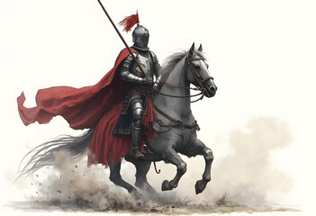 Fototapeta premium vintage knight illustration features valiant knight on galloping horse, adorned in shining armor and flowing red cape. scene captures sense of bravery and adventure