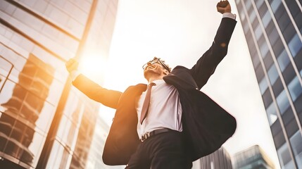 A businessman in a suit celebrates success in the city.