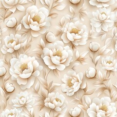 A delicate floral pattern featuring soft white peonies and gentle leaves against a light beige background, perfect for elegant decor.