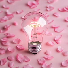 Electric light bulb surrounded by drifting cherry blossom petals, glowing with soft ambient light, representing renewal and fleeting beauty