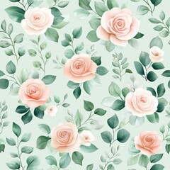 A serene floral pattern featuring soft pink roses and lush green leaves on a pastel background, perfect for wallpaper or fabric design.