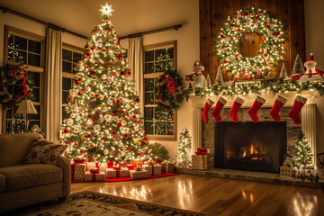 Cozy living room decorated with a Christmas tree and a glowing fireplace