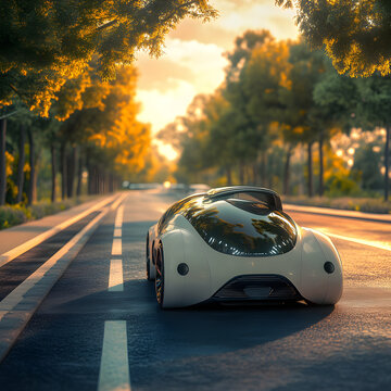 EV Car on a Sunlit Road, EV Car on road,  reflecting the sun&rsquo;s golden rays. futuristic design, turns any journey into a stylish experience, blending modern tech with sun-soaked tranquility.
