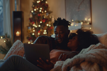 Obraz premium Black couple relaxing together at home watching something on a laptop