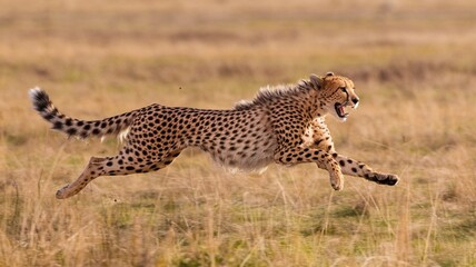 Naklejka premium A graceful cheetah sprinting across the grasslands, showing off its incredible speed and agility.