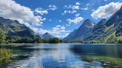 Fototapeta premium Surrounded by majestic mountains, the calm lake reflects the clear blue sky and fluffy white clouds, offering a tranquil retreat into nature's beauty.