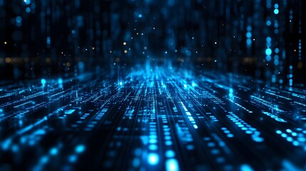 Digital background featuring blue glowing binary code, representing data technology and cybersecurity in a black space