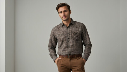 Obraz premium Confident in Style: A handsome young man exudes confidence and sophistication in a stylish brown patterned shirt and brown pants, showcasing a classic and timeless look. 
